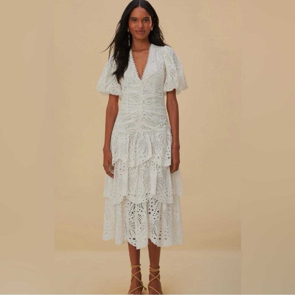 FARM Rio White Eyelet Midi Dress